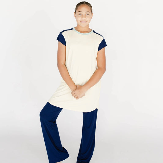 Model wearing decidedly me pant and night shirt set, the decided collection, pajamas and loungewear for tween girls